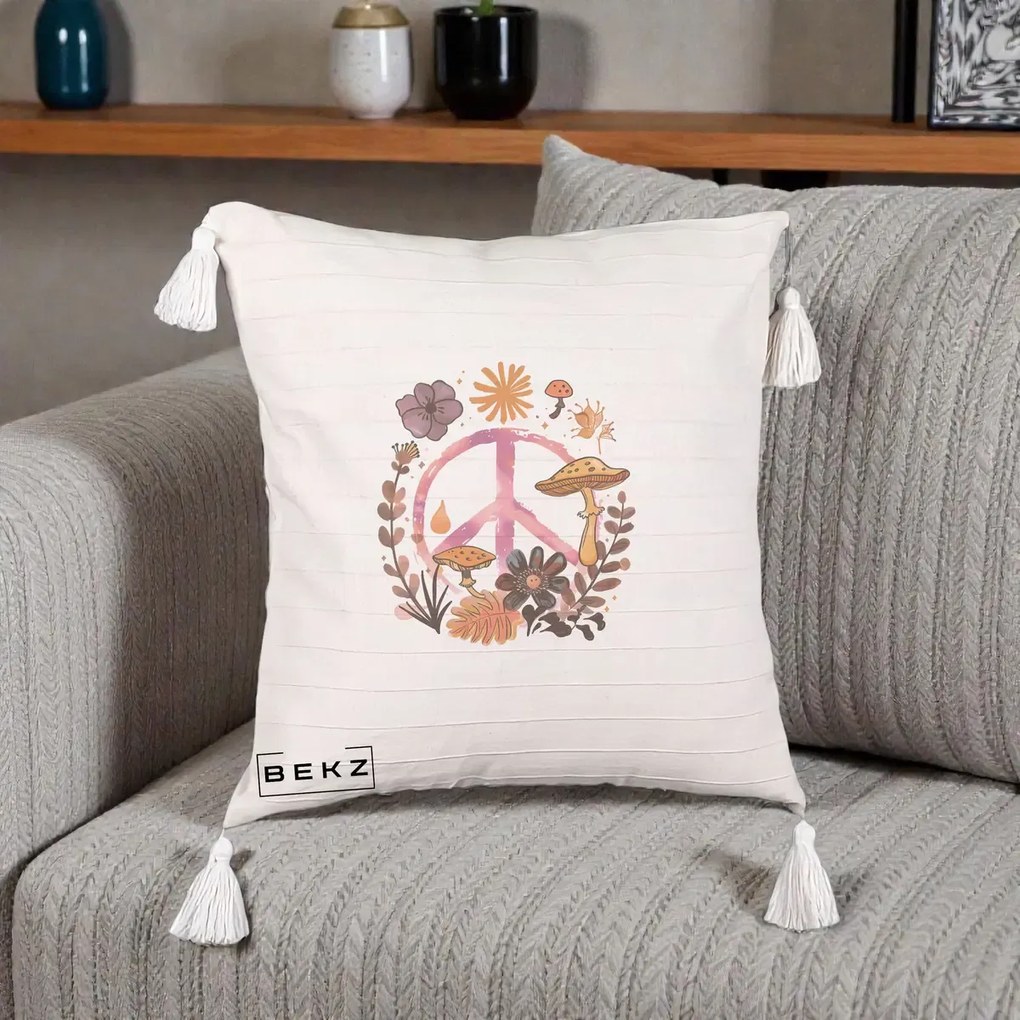 Perna Decorativa Peace Ciuperci Boho, 40x40 cm, Bej cu Franjuri, Husa Detasabila, Perna Inclusa, BEKZ®