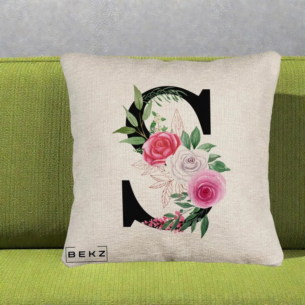 Cadou Personalizat - Perna Personalizata Monograma Florala Litera S, 40x40 cm, Bej Canapea, Husa Detasabila, Perna Inclusa, BEKZ®