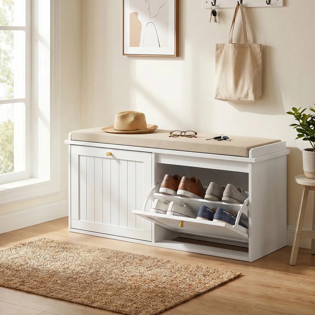 HOMCOM Bancă pantofar, mobilier pentru hol, pernuță tapițată, 2 sertare basculante, 8-10 perechi de pantofi | Aosom Romania