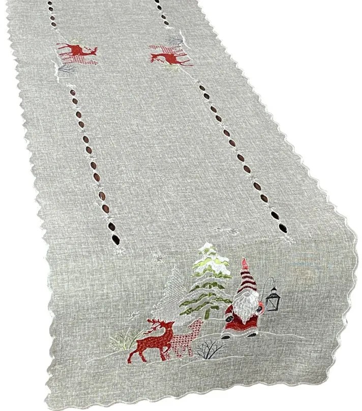 Traversă gri de Crăciun cu broderie de spiriduși și reni Lățime: 40 cm | Lungime: 85 cm
