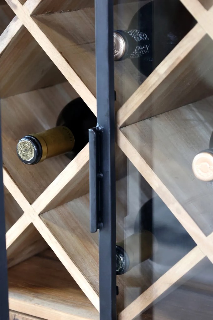 Vitrină bar din metal și lemn reciclat, rastel pentru sticle, suport pahare, finisaj negru antichizat, 170×65×36,5 cm, „Fonderie"