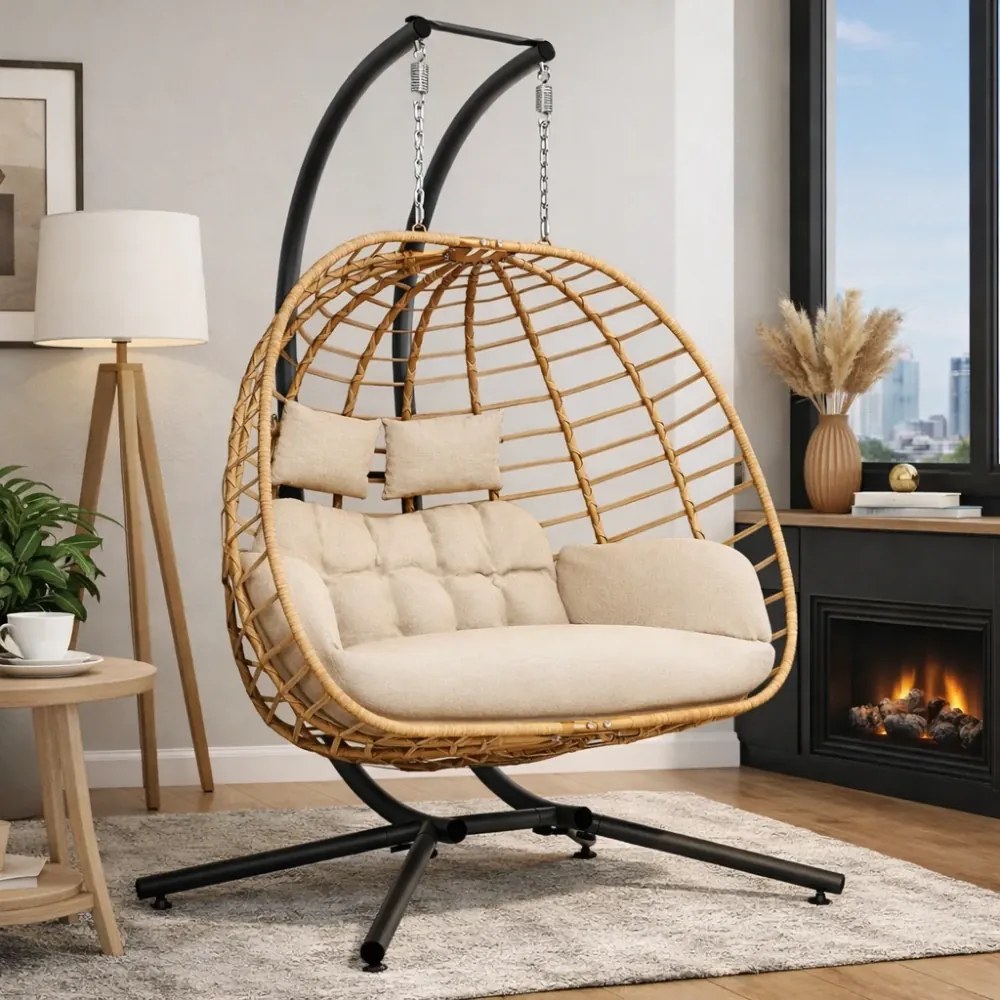 Fotoliu leagan dublu suspendat în formă de ou cu suport, hamac pentru terasă, balansoar pentru 2 persoane, cos pliabil, cu perne detasabile, pentru interior, gazon, grădină, Bej