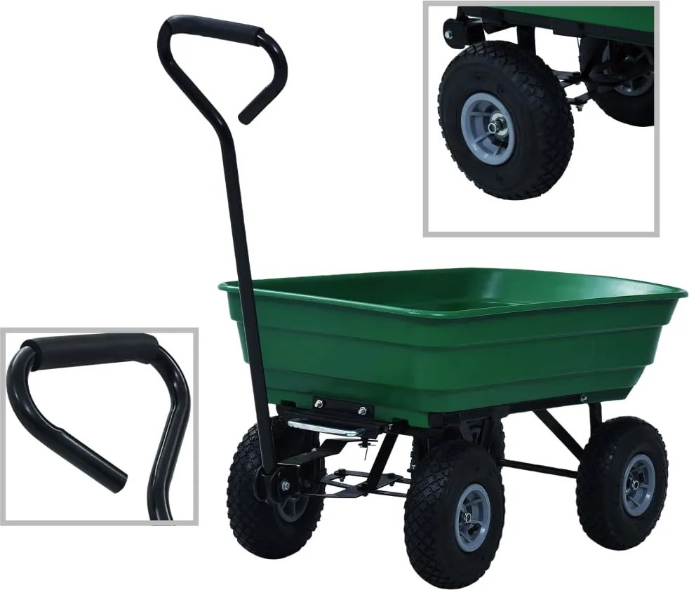 vidaXL Cărucior manual de grădină basculabil, verde, 300 kg, 75 L
