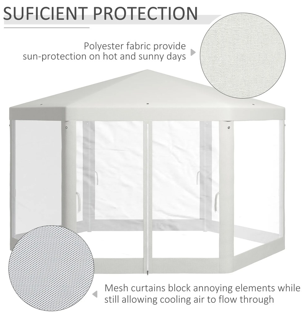 Outsunny Pavilion de Grădină Hexagonal cu Pereți din Plasă, 2 Uși și Picioare Reglabile, 3,94x3,94x2,5 m, Alb Crem | Aosom Romania