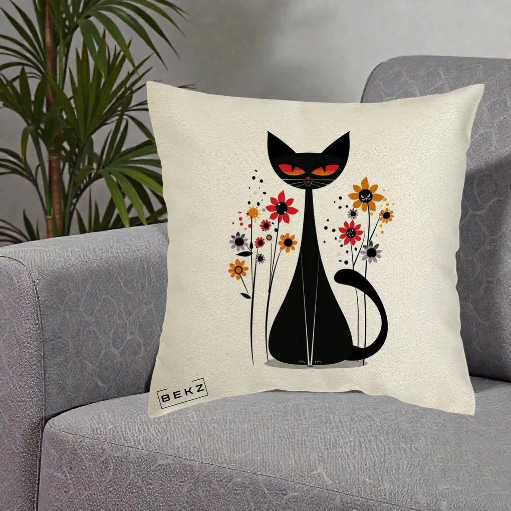 Perna Decorativa Pisica Neagra Ochi Rosii Flori, 40x40 cm, Ecru, Husa Detasabila, Perna Inclusa, BEKZ®