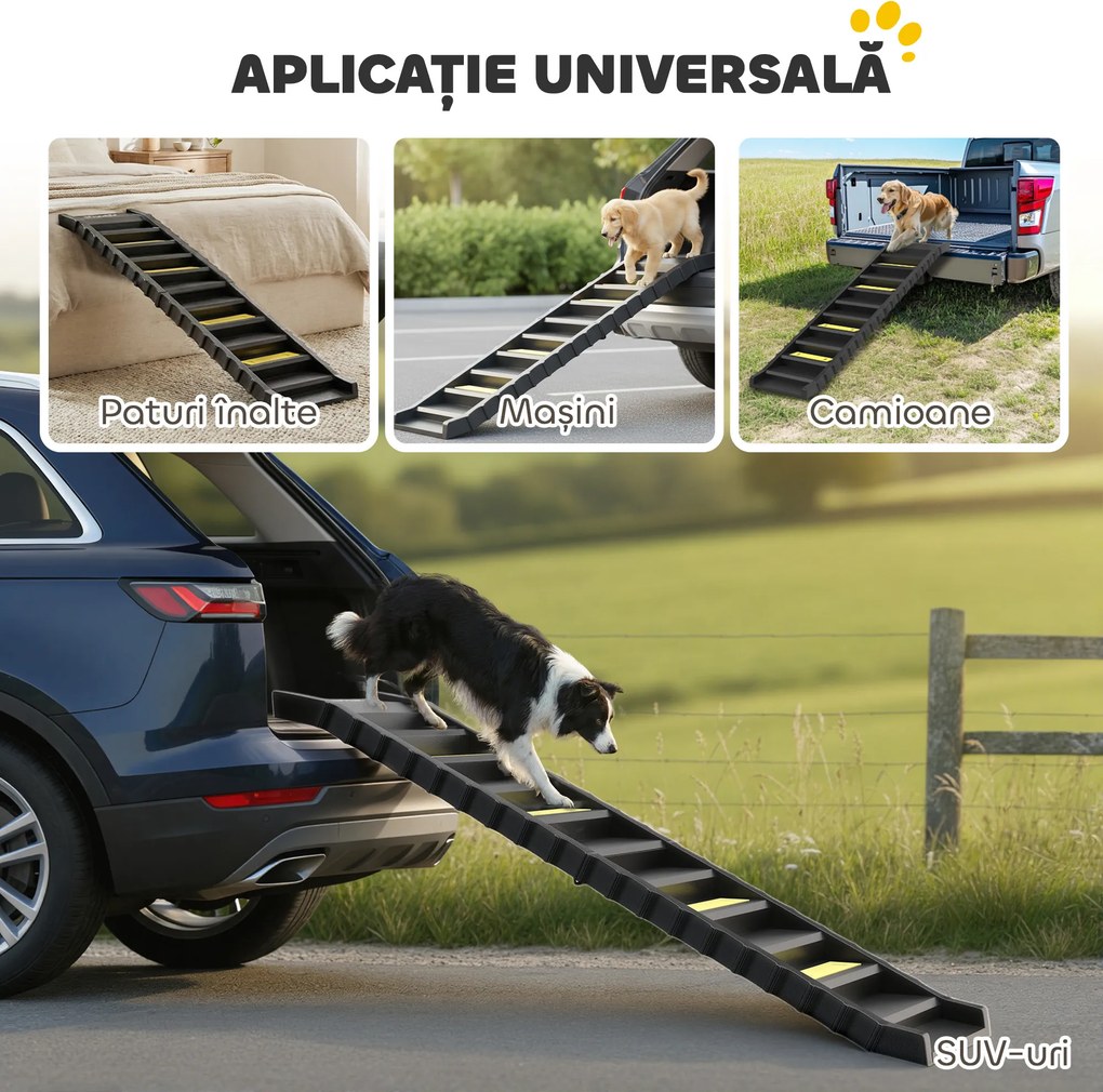 PawHut Rampă Pliabilă pentru Câini pentru Mașini și Paturi Înalte, Scară Portabilă cu 10 Trepte Antiderapante, Ușoară, Suportă Până la 68 kg, Negru | Aosom Romania