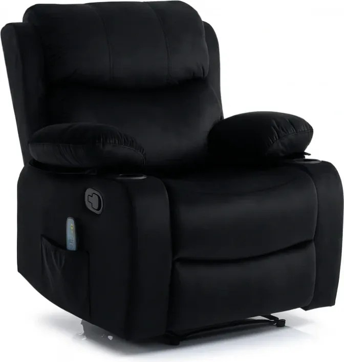 RESIGILAT- Fotoliu Masaj, Incalzire, rabatabil, sezut cu arcuri metalice, suport picioare extensibil, catifea, Negru