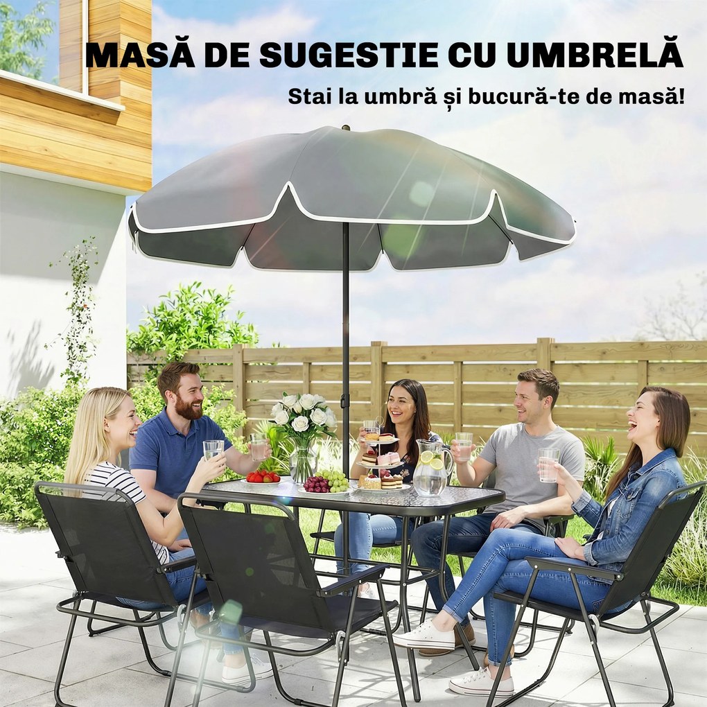 Outsunny Set Dining de Grădină 8 Piese cu Umbrelă, Mobilier de Exterior cu 6 Scaune Pliabile, Masă din Sticlă Temperată și Umbrelă pentru Terasă, Negru | Aosom Romania