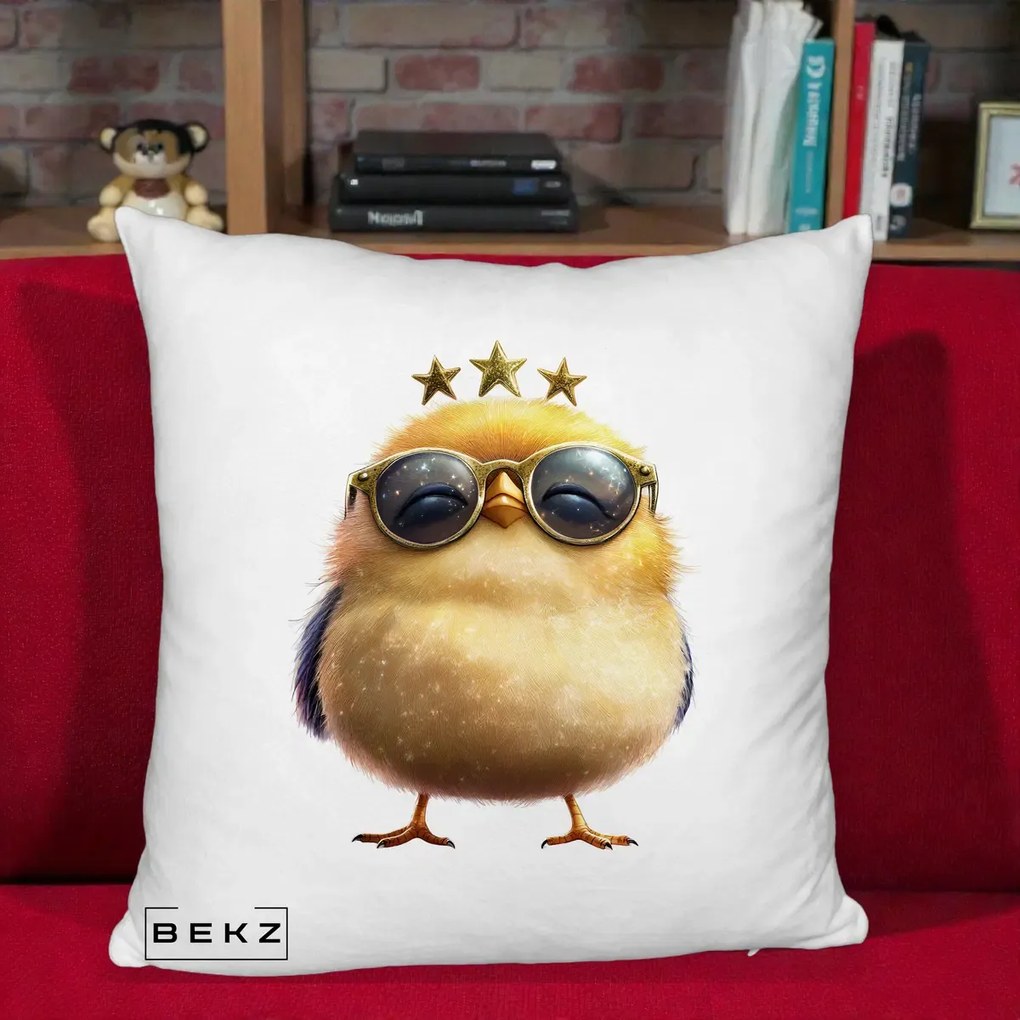 Perna Decorativa Pui Gold Star cu Ochelari Aurii, 40x40 cm, Alb Pufos, Husa Detasabila, Perna Inclusa, BEKZ®