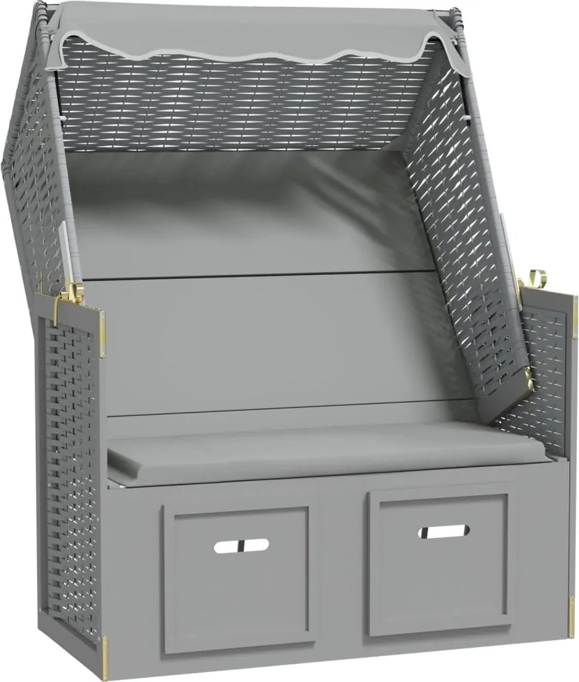 vidaXL Scaun de plajă cu baldachin, gri, poliratan și lemn masiv