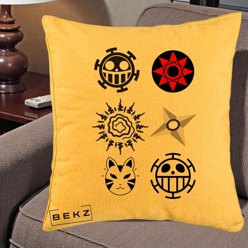 Perna Personalizata Simboluri Anime Mix - Naruto One Piece, 40x40 cm, Galben, Husa Detasabila, Perna Inclusa, BEKZ®