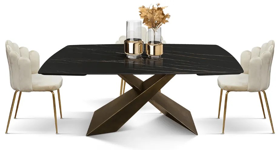 MIRABELLE-MASA BLAT ROTUNJIT CERAMICA NEGRU CU AURIU MAT EXTENSIBILA -PICIOR METALIC BRONZ 160 cm/ 90 cm