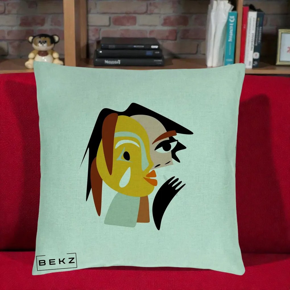 Perna Decorativa Portret Abstract Galben-Ocru, 40x40 cm, Verde Menta, Husa Detasabila, Perna Inclusa, BEKZ®
