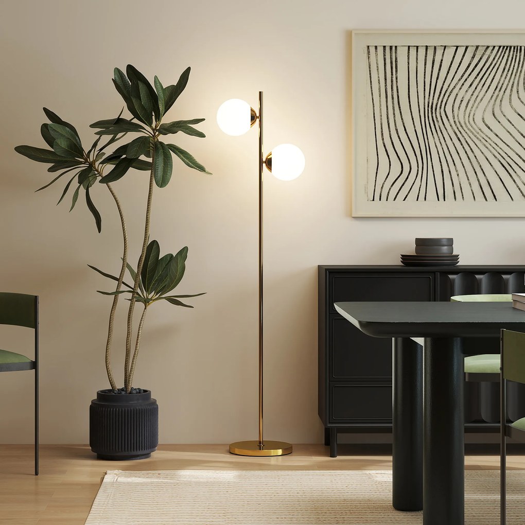 HOMCOM Lampă de Podea cu 2 Lumini și Abajururi Sferice, Lampă de Podea cu Comutator de Picior, Soclu E27, 39x28x165 cm, Aur | Aosom Romania