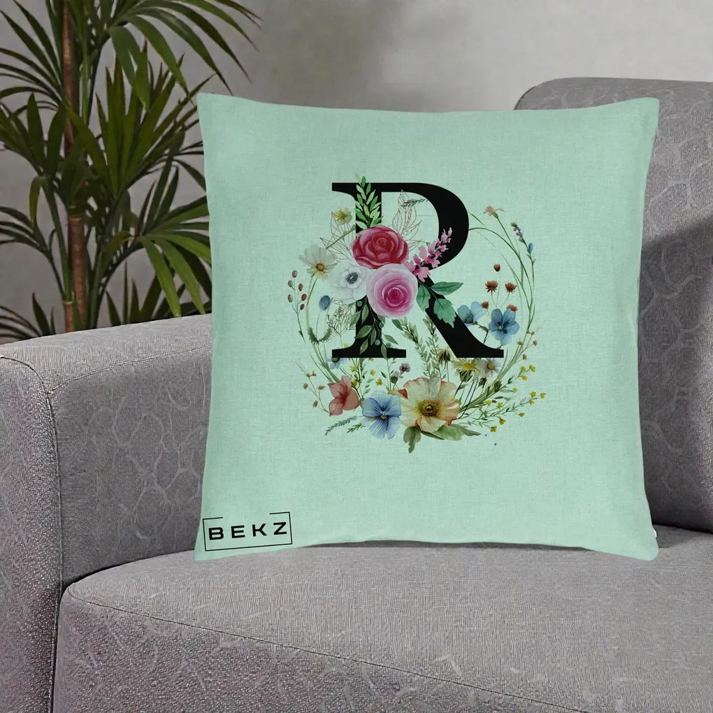 Cadou Personalizat - Perna Personalizata Monogram Litera R cu Flori Acuarela, 40x40 cm, Verde Menta, Husa Detasabila, Perna Inclusa, BEKZ®