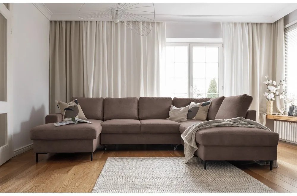 Colțar maro extensibil cu tapițerie din catifea reiată (cu colț pe partea dreaptă) Lofty Lilly – Miuform