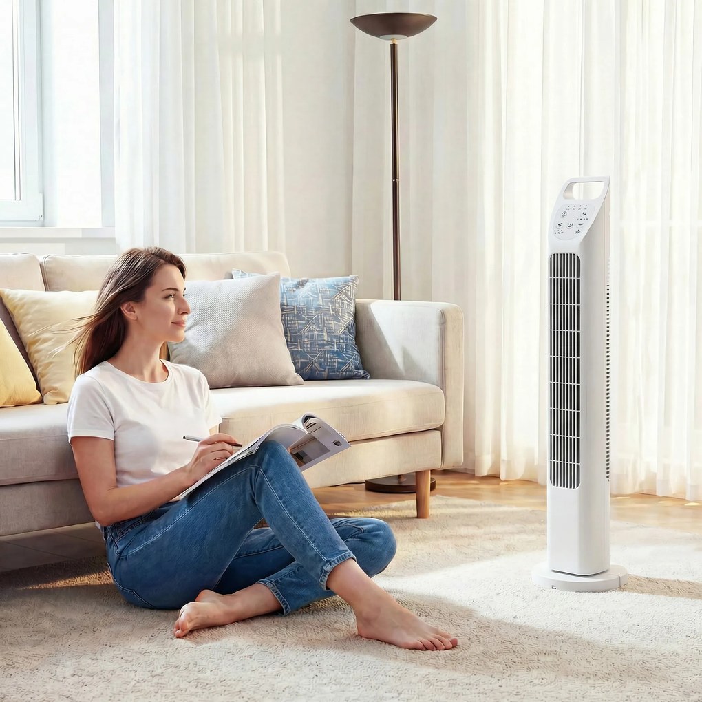 HOMCOM Ventilator turn cu telecomandă, temporizator 7,5 ore, ventilator silențios pentru dormitor, Alb | Aosom Romania