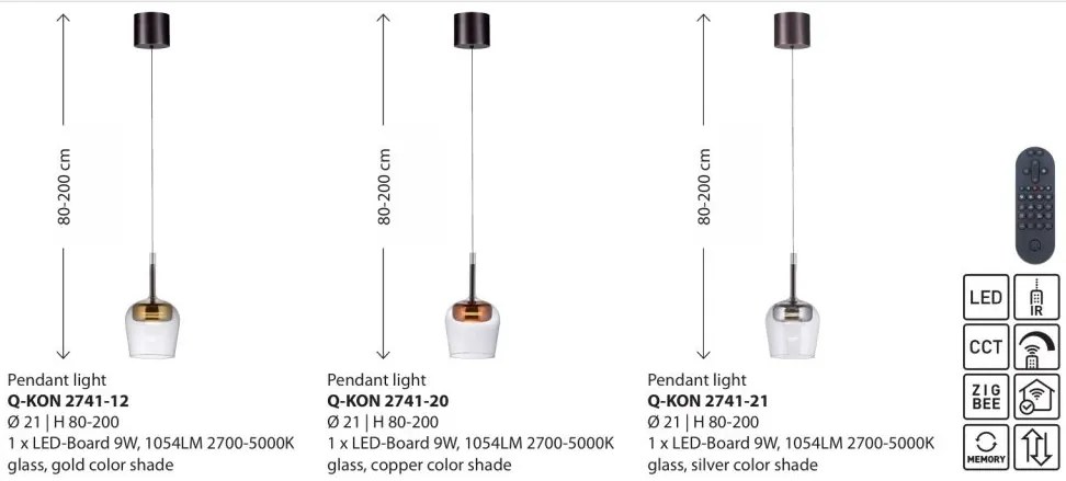 Pendul LED Smart cu Telecomanda, CCT, Sticla, Auriu, Q-KON