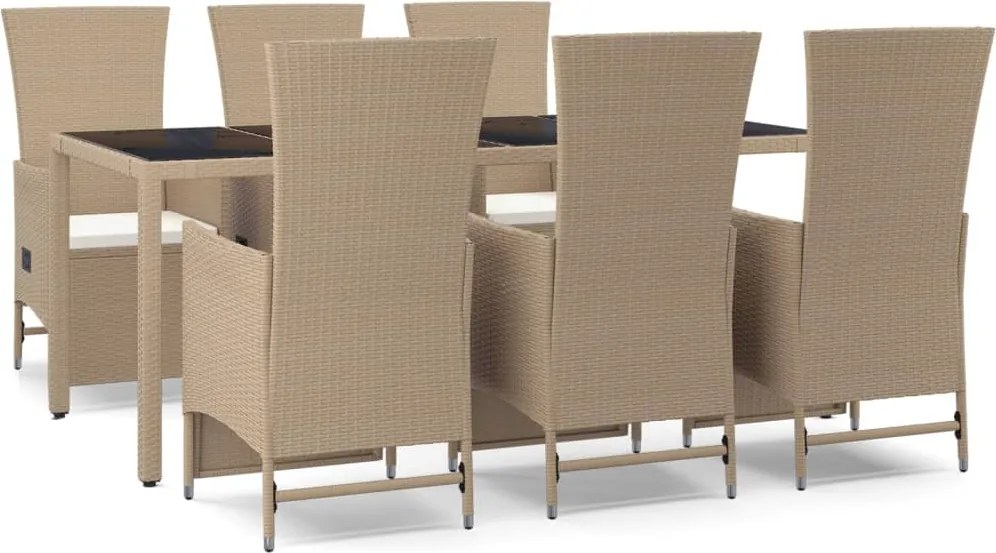 vidaXL Set de masă pentru grădină, 7 piese, cu perne, bej, poliratan