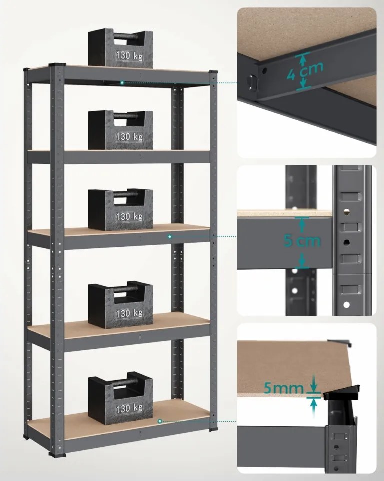 Raft depozitare, 75 x 30 x 150 cm, gri, metal / MDF, Songmics