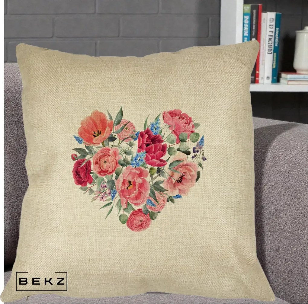 Perna Decorativa Inima din Bujori Acuarela, 40x40 cm, Crem, Husa Detasabila, Perna Inclusa, BEKZ®