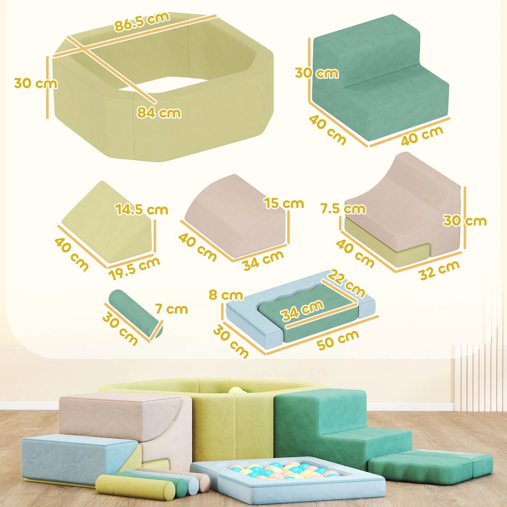 AIYAPLAY Set 15 Blocuri de Construcții Moi Modulabile pentru Copii cu 200 de Mingi pentru Uz Intern, Multicolor | Aosom Romania