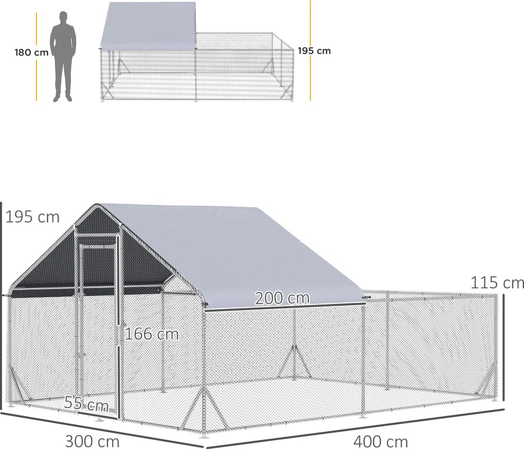 PawHut Grajd pentru pui cu excrocodil volieră exterior 12 m² - parc cu plasă dim. 4L x 3l x 2H m - spațiu acoperit - oțel galvanizat | Aosom Romania