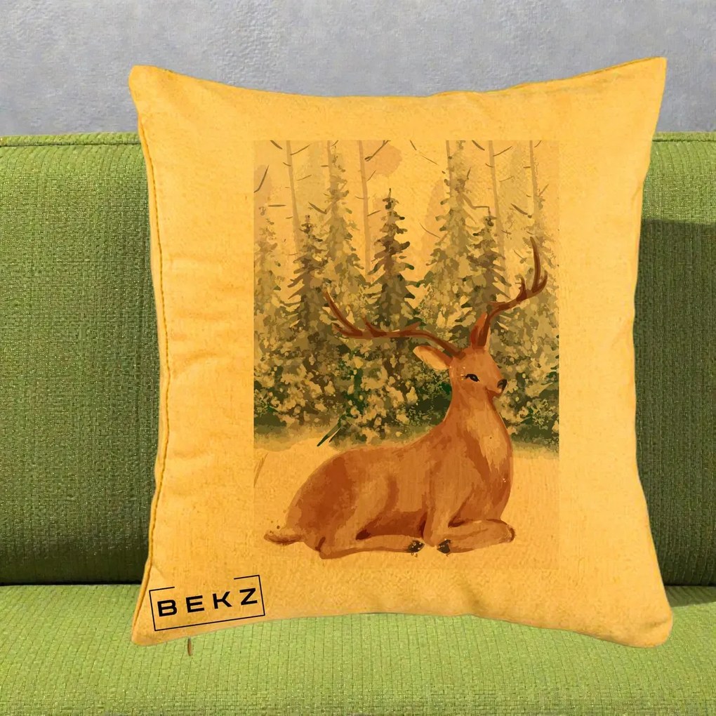 Perna Decorativa Ren in Padure Roz Moale, 40x40 cm, Galben, Husa Detasabila, Perna Inclusa, BEKZ®