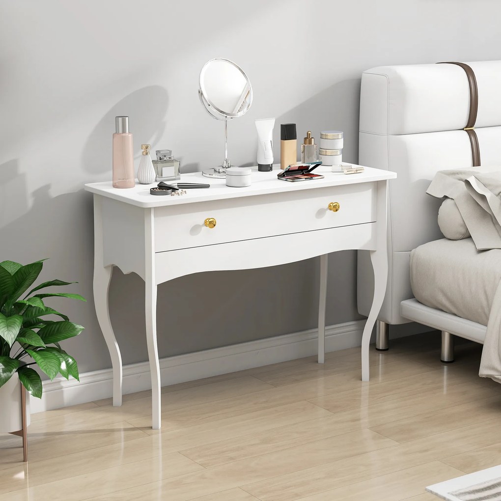 HOMCOM Masă de Toaletă Elegantă cu Sertar Spațios din Lemn Alb 100x40x74 cm | Aosom Romania