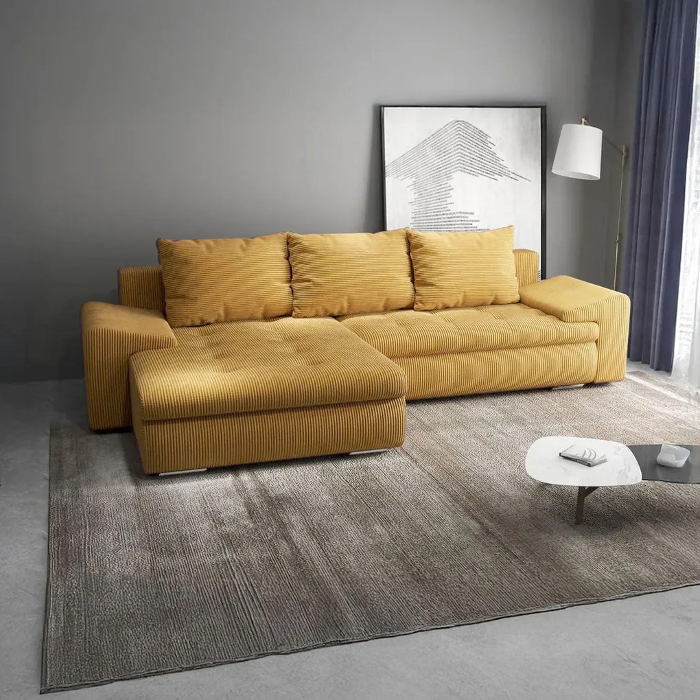 Colțar extensibil dumonde cu ladă de depozitare si sezut confortabil din spuma high-density, Leonardo Zoom Mustar 260x185 cm