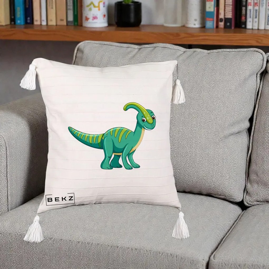 Perna Decorativa Parasaur Verde, 40x40 cm, Bej cu Franjuri, Husa Detasabila, Perna Inclusa, BEKZ®