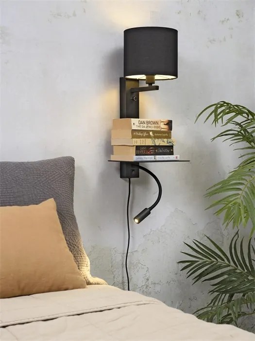 Aplica cu raft, reader LED, mufa USB si abajur textil negru Florence