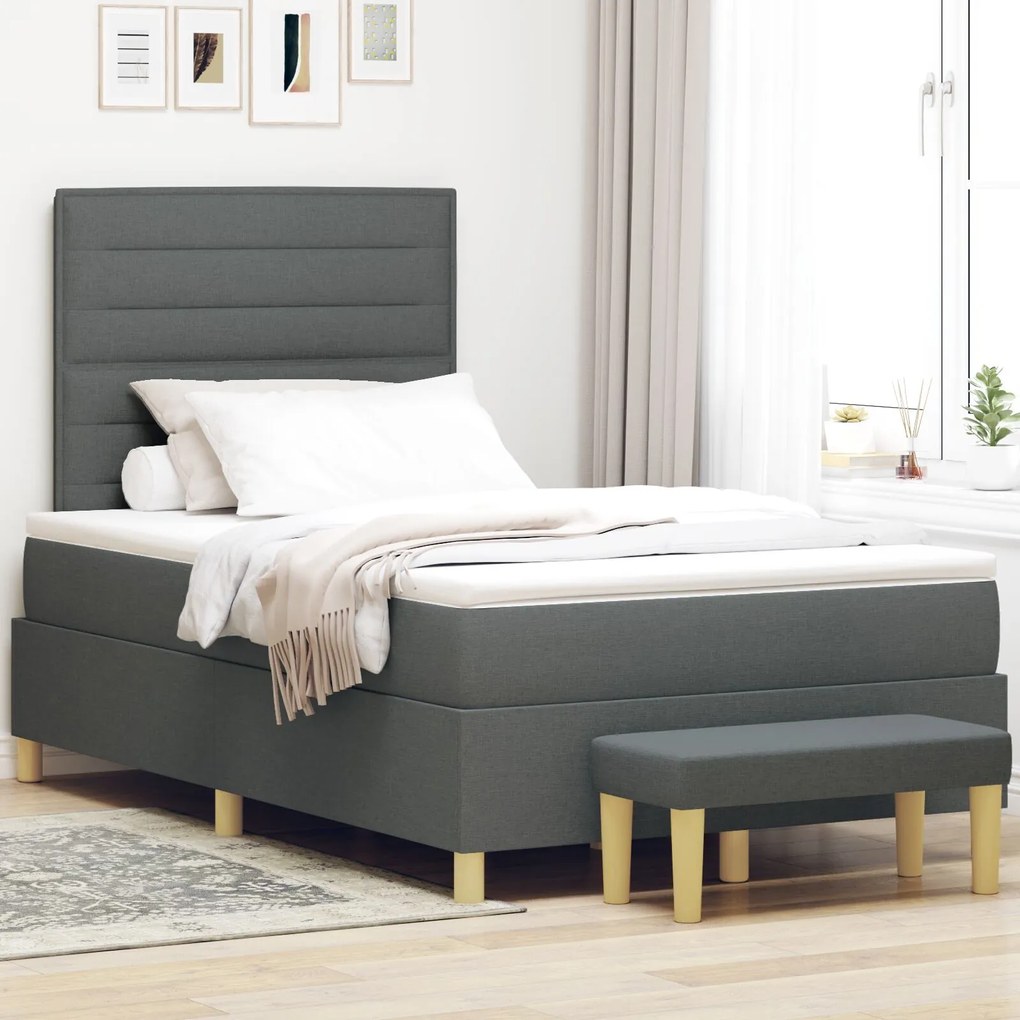 vidaXL Pat cu arcuri cu saltea și bancă gri închis 120x190 cm țesătură