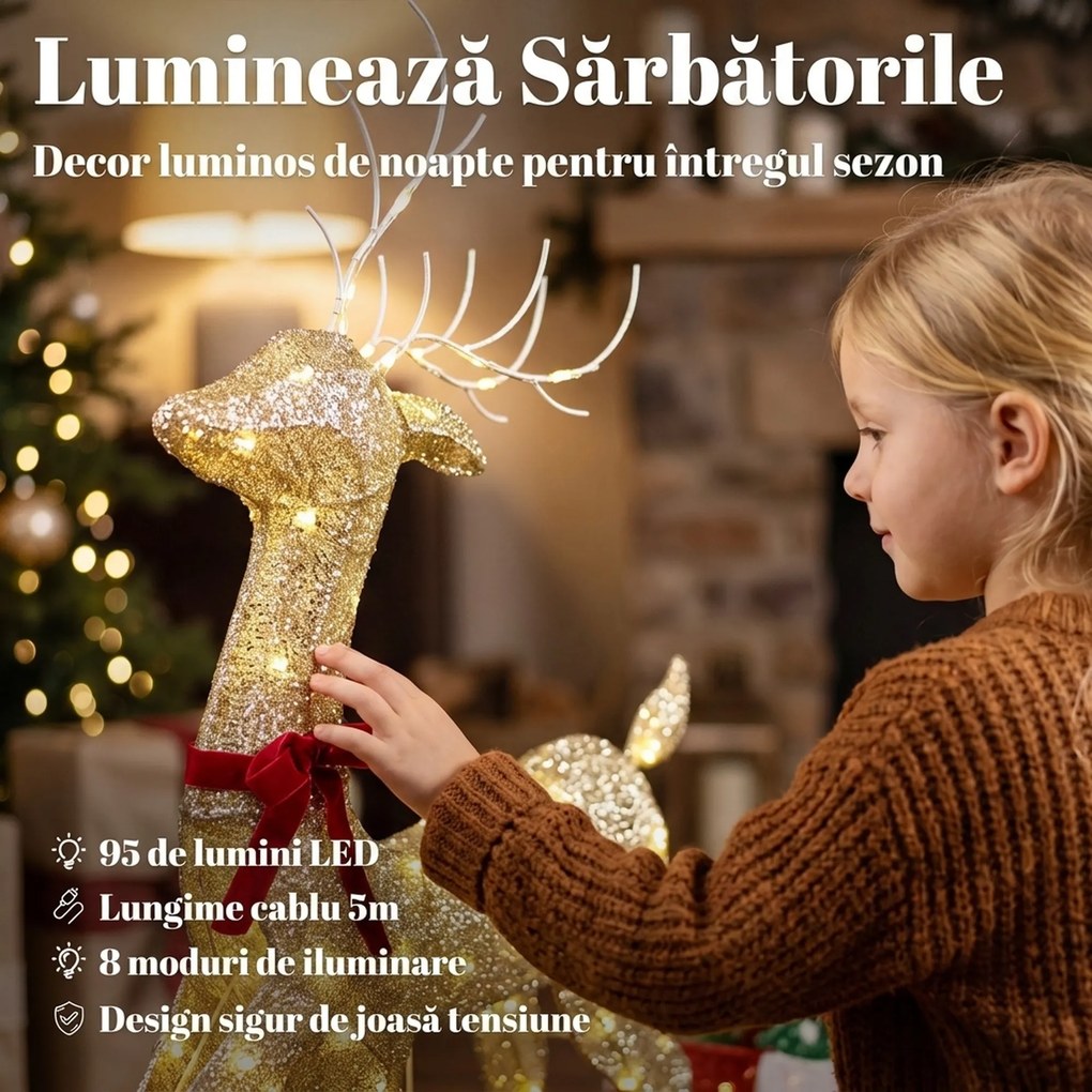 Outsunny Ren de Crăciun Iluminat cu Sanie, 95 LED-uri, Înălțime 125 cm, Auriu | Aosom Romania
