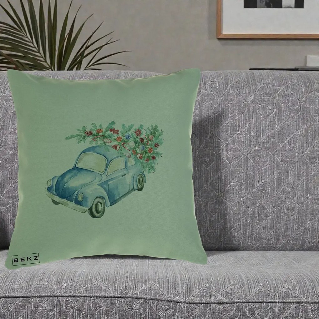 Perna Decorativa Masinuta Albastra cu Brad de Craciun, 40x40 cm, Verde, Husa Detasabila, Perna Inclusa, BEKZ®