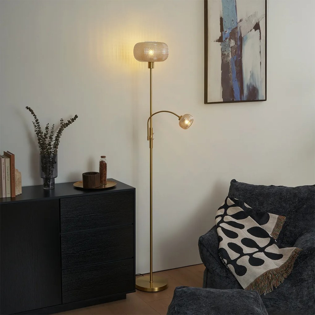 Lampă de podea de design alamă cu sticlă ambră 2 lumini - Brianna