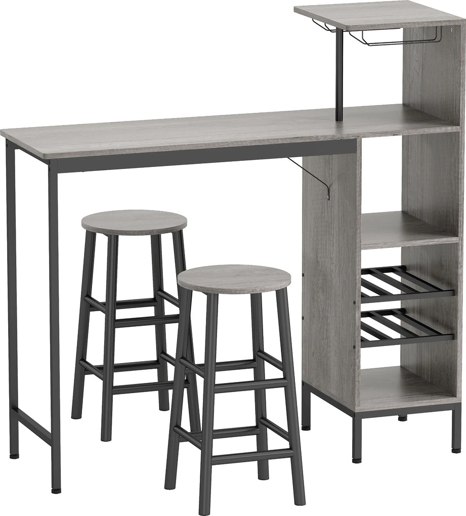 HOMCOM Set masă înaltă cu taburete, masă în picioare cu 2 scaune de bar, etajere, suport pentru sticle, lemn natural | Aosom Romania