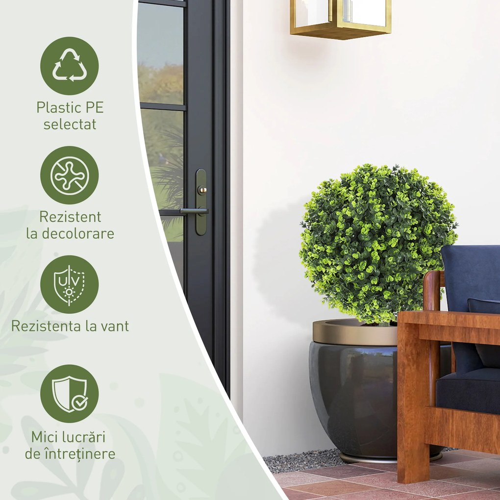 HOMCOM Set 2 Plante Artificiale de Buxus de 40 cm cu Tija Integrată pentru Interior și Exterior, Verde | Aosom Romania