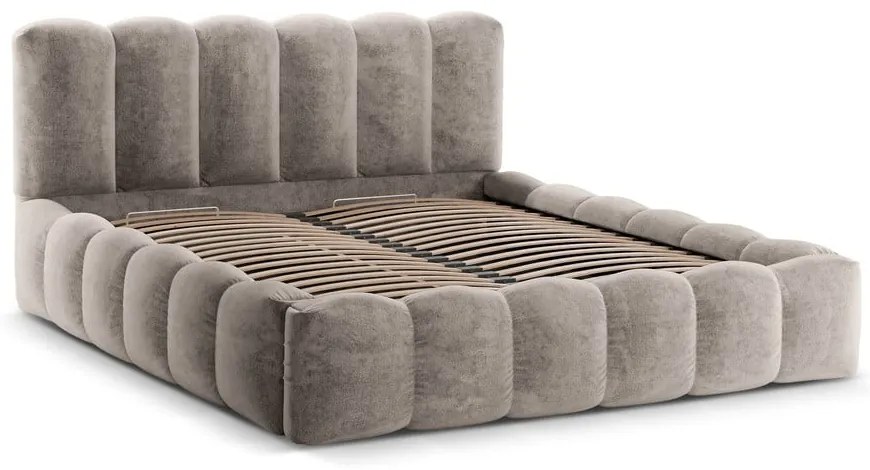 Pat matrimonial maro deschis tapițat cu spațiu de depozitare cu somieră 200x200 cm Lupine – Micadoni Home