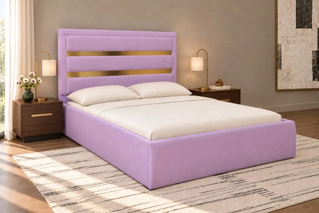 Pat tapițat din catifea Noren 140×200 cm, lila, detalii aurii, cu ladă de depozitare