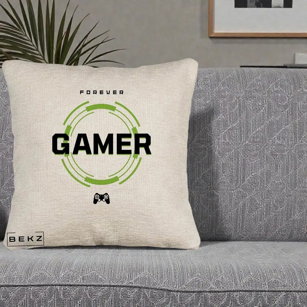 Perna Personalizata Forever Gamer, 40x40 cm, Bej Canapea, Husa Detasabila, Perna Inclusa, BEKZ®