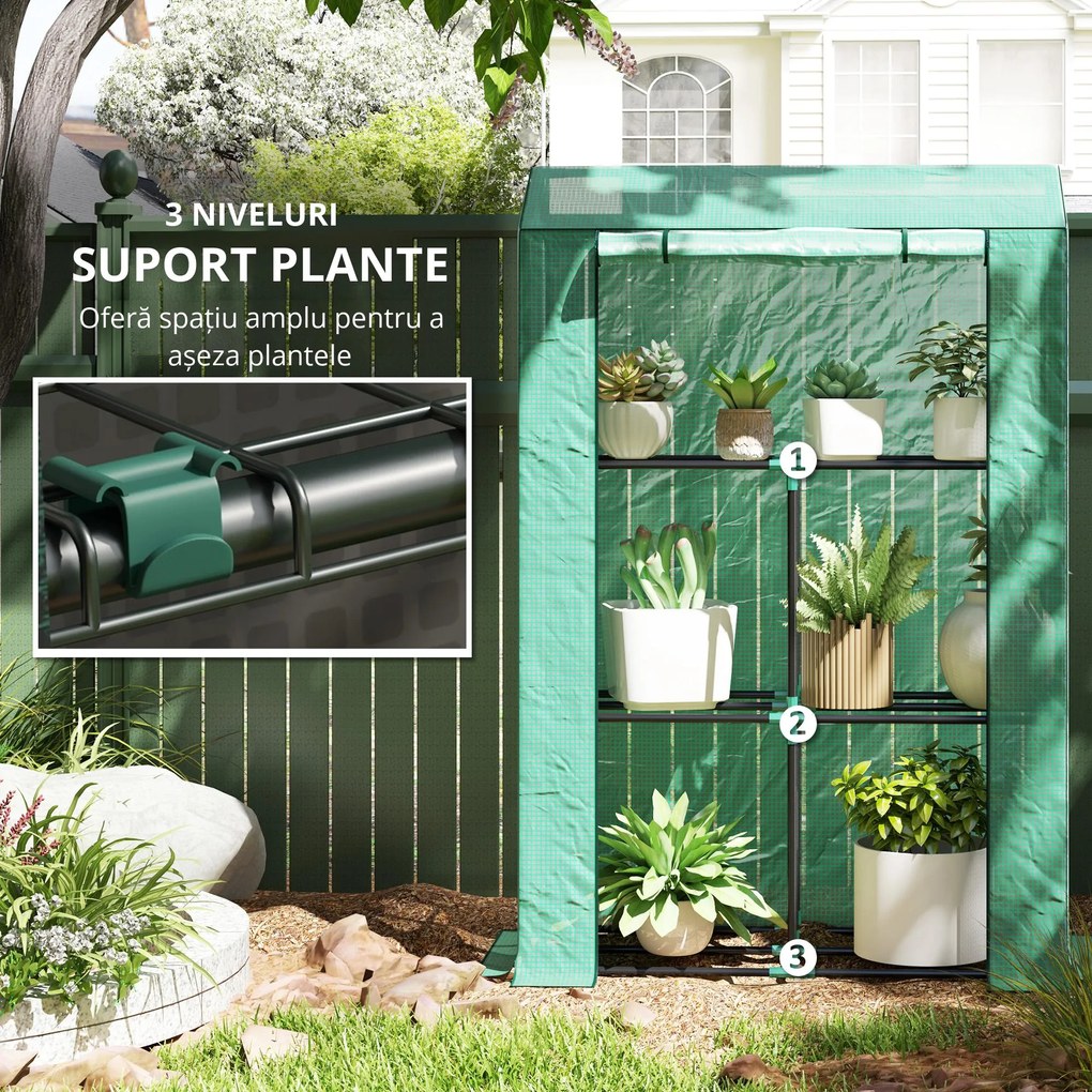 Outsunny Sera Mini cu 3 Niveluri, Copertină din PE cu Armătură și Ușă Rulabilă, 100x40x150 cm, Verde | Aosom Romania