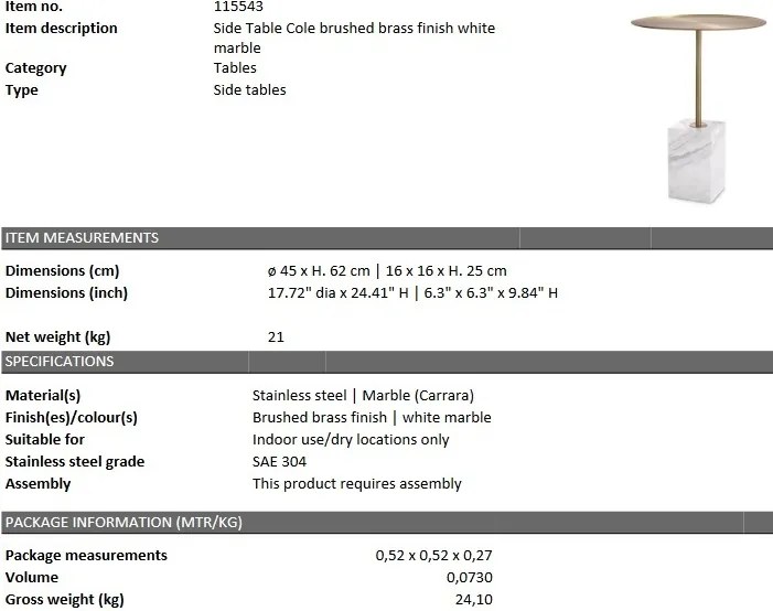 Masuta laterala design LUX Cole, marmura alba 115543 HZ