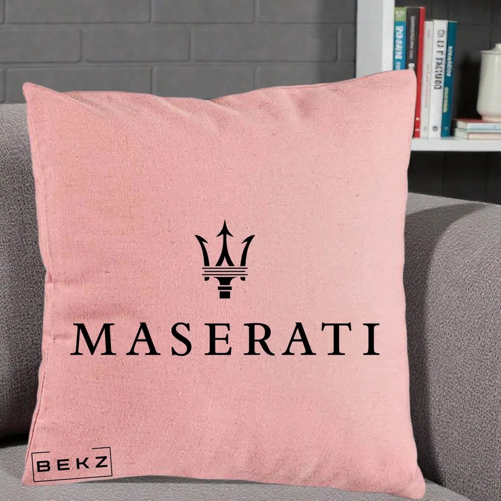 Perna Personalizata cu emblema Maserati, 40x40 cm, Roz, Husa Detasabila, Perna Inclusa, BEKZ®