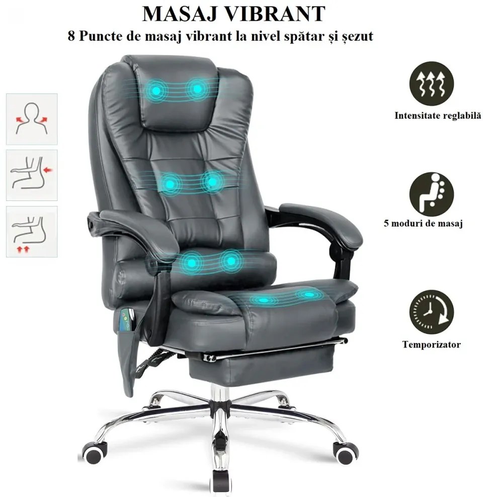 Scaun directorial cu Masaj si Incalzire, functie sezlong, suport picioare, piele PU, Gri