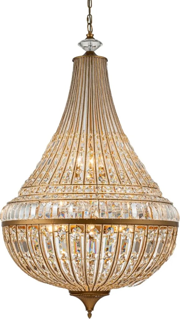 Candelabru din metal, auriu, în stil Empire, cu cristale din sticlă și 12 becuri, 135 x 80 cm, „Colosseo”
