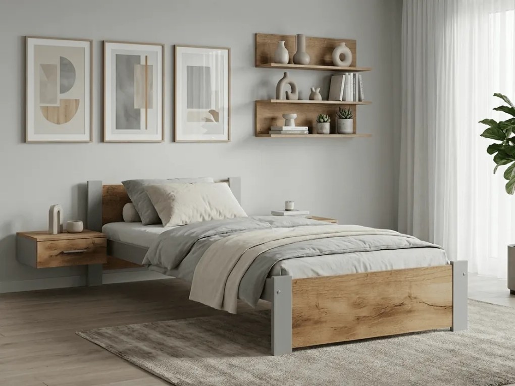 Pat de o persoana IKAROS 90 x 200 cm, stejar artisan/gri Saltele: Cu saltele Deluxe 10 cm, Somiera pat: Cu lamele drepte