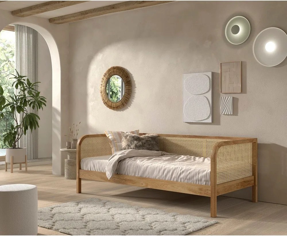 Pat în culoare naturală din lemn de stejar cu somieră 90x200 cm Olive Captain Rotan – Vipack