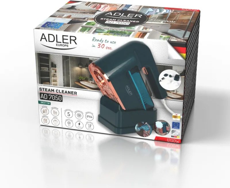 Aparat multifunctional de curatare cu aburi Adler AD 7050, 1200 W, 22ml/min, Rezistenta apa IPX4, 0.120 L, Accesorii, Verde