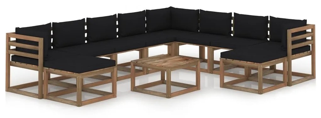 Set mobilier de gradina, 11 piese, cu perne negre Negru, 3x colt + 5x mijloc + 2x suport pentru picioare + masa, 1